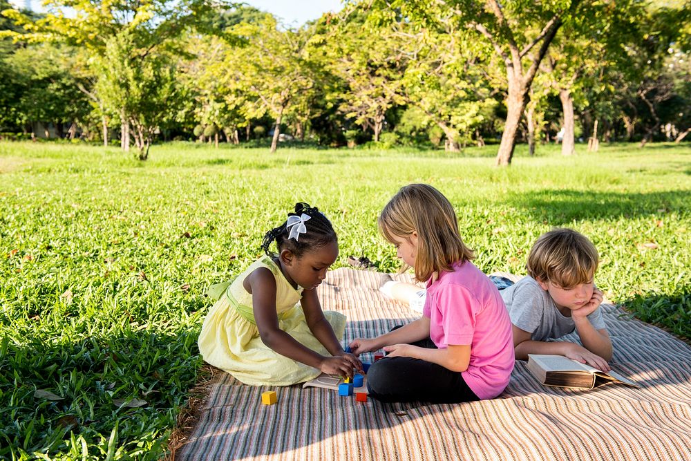 Children Playing Reading Park Outdoors Nature