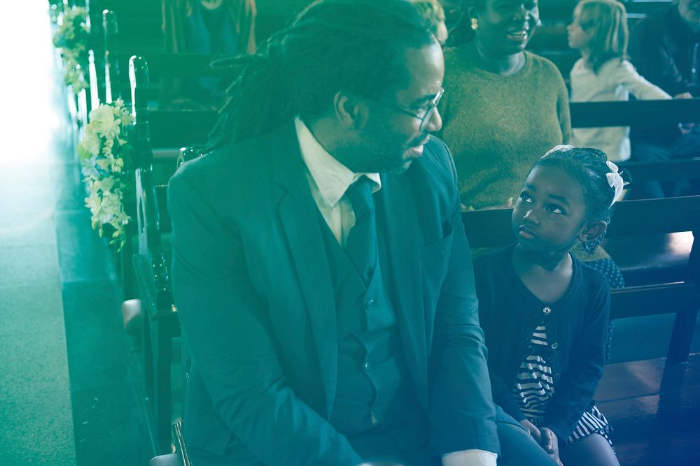 Father Daughter Sitting Church Believe Religion