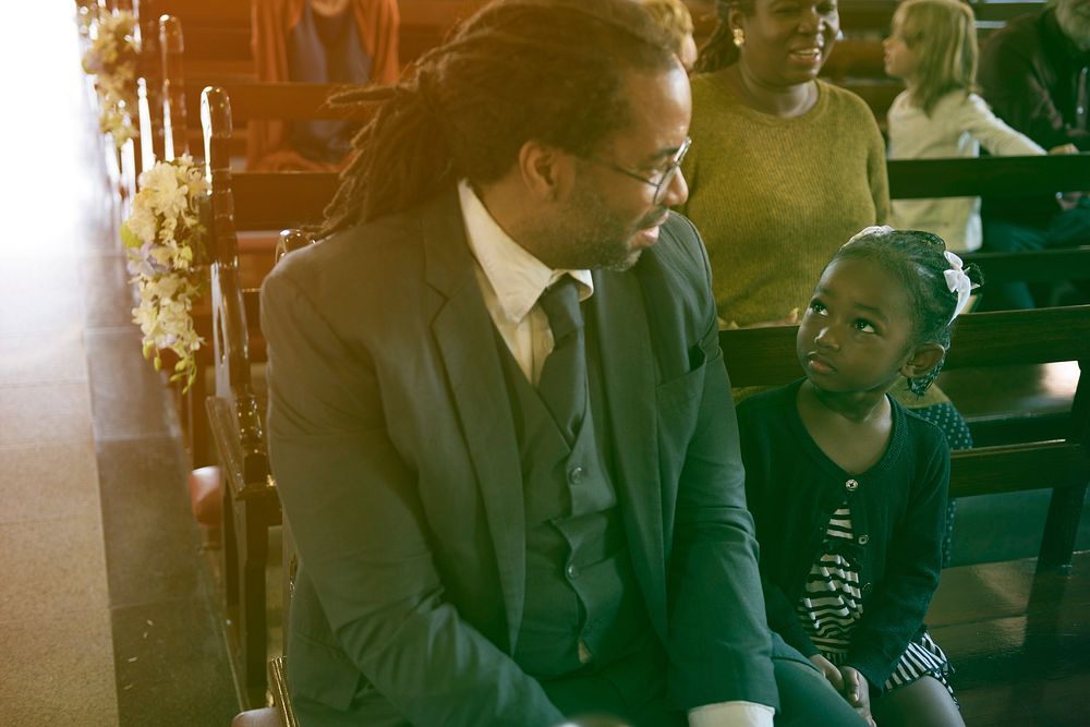 Father Daughter Sitting Church Believe Religion