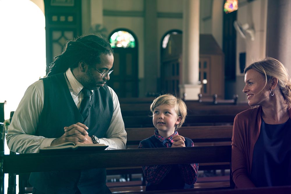 Adult Teach Kid Pray Church Religion