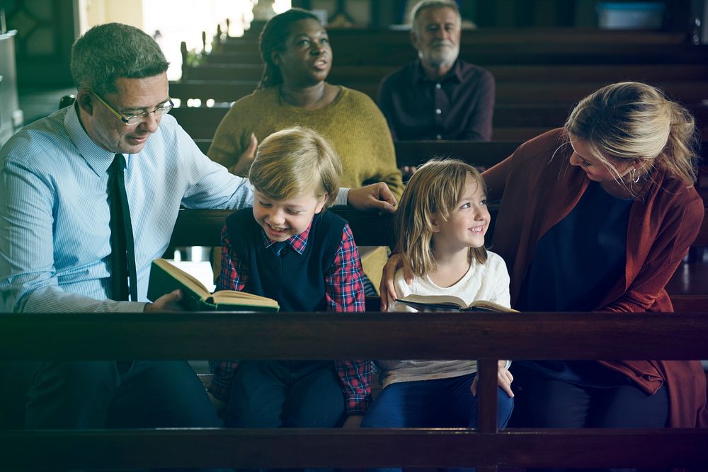 Family Sitting Church Believe Religion