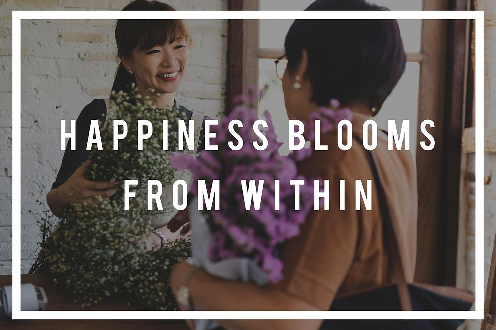 Positive text overlay on women with flowers