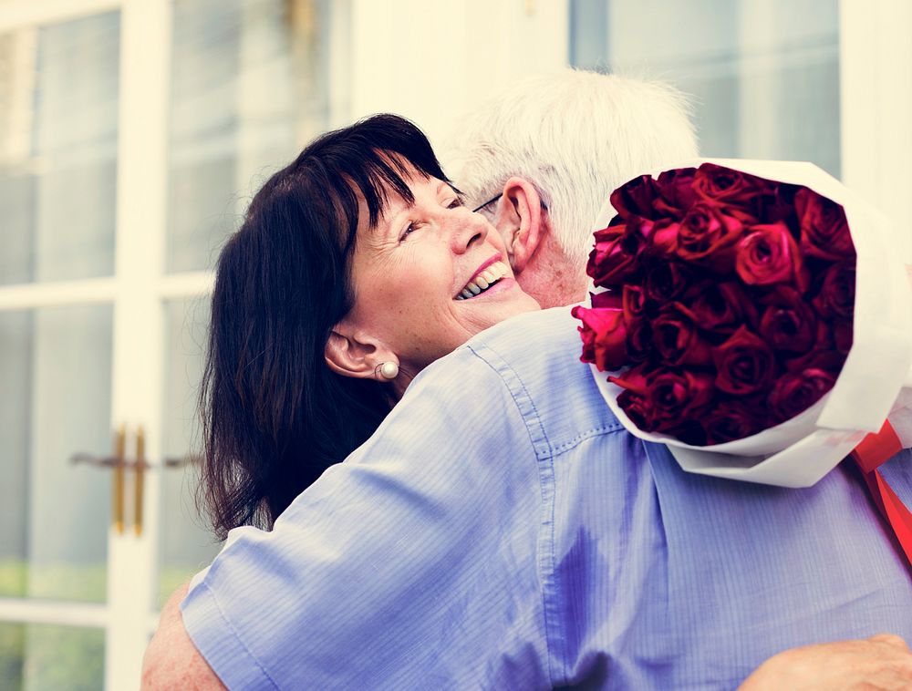 Senior couple love sweet embrace