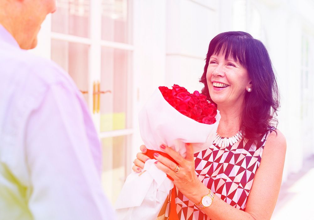 Photo Gradient Style with Senior woman holding bouquet of roses