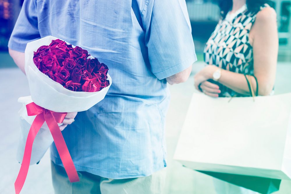 Photo Gradient Style with Guy hiding a bouquet of flowers behind his back