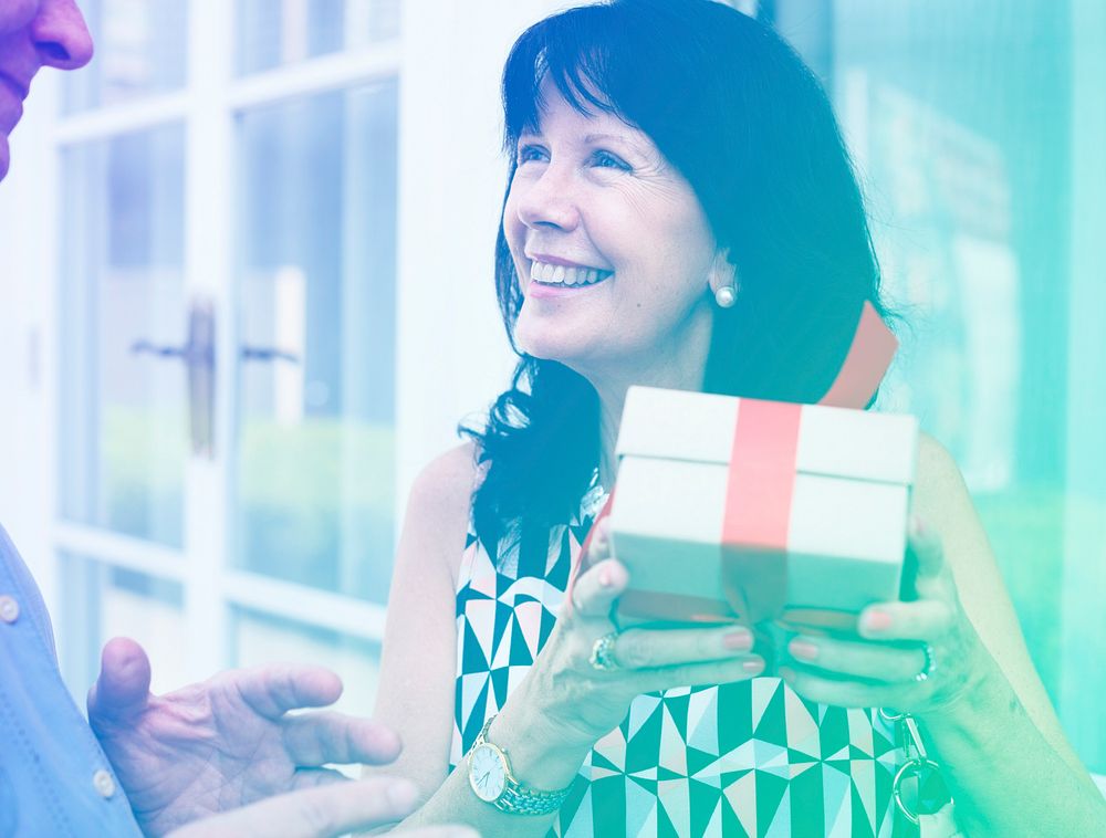 Photo Gradient Style with Woman holding a box of present with red bow
