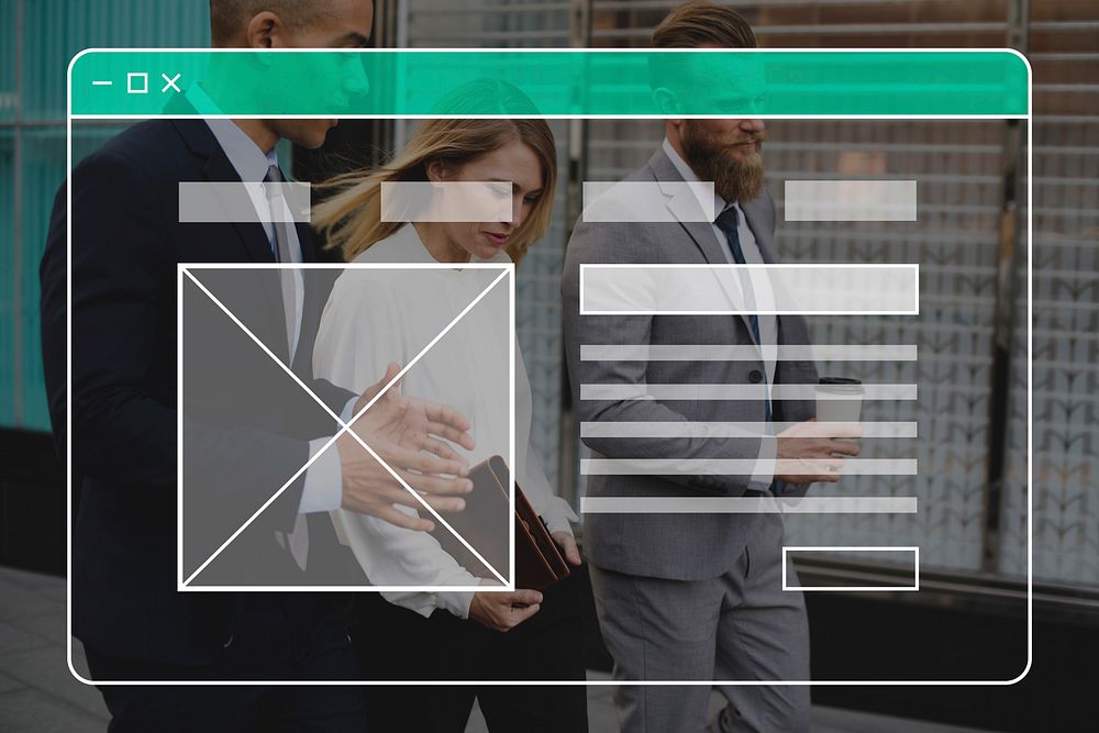 Webpage graphic overlay on business people walking