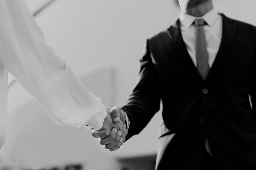 Business man and business woman shaking hands