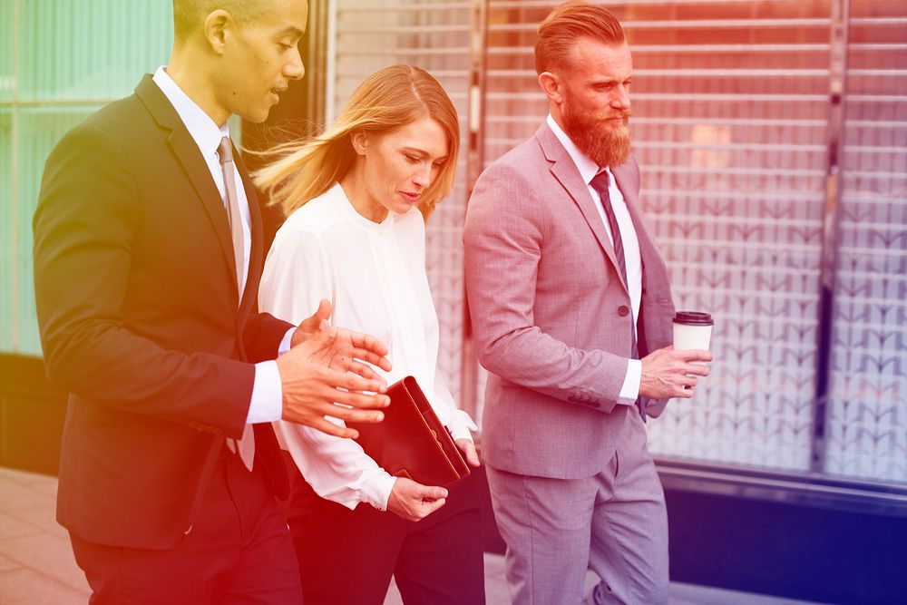 Photo Gradient Style with Businesspeople Men Women Walk Colleague