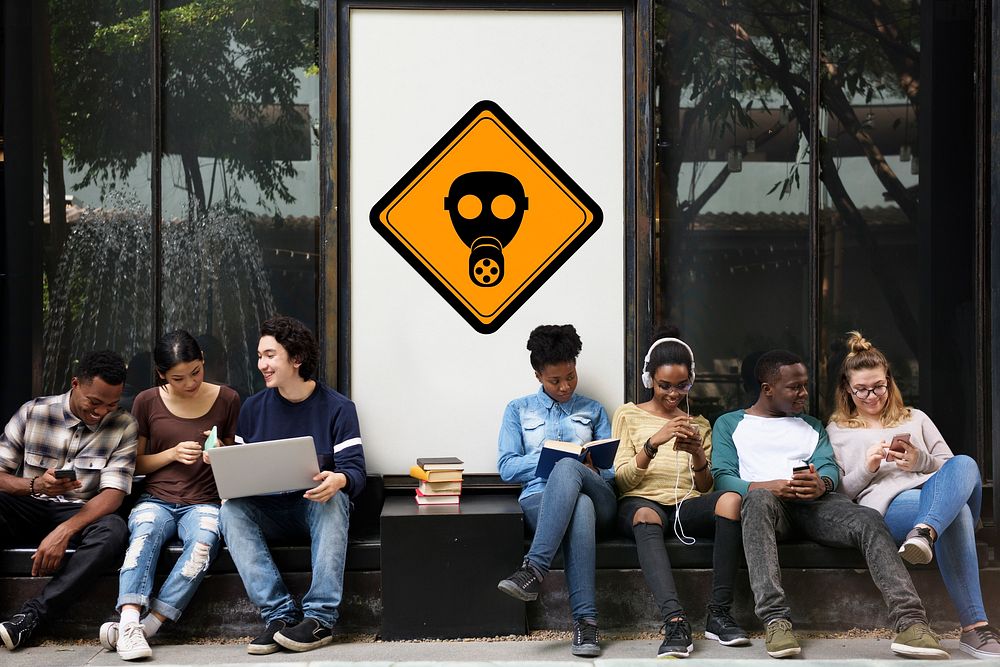 Group of Friends Sitting with Radioactivity Protection Mask Banner Behind