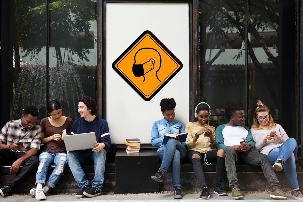 Group of Friends Sitting Together with Protection Mask Banner Behind