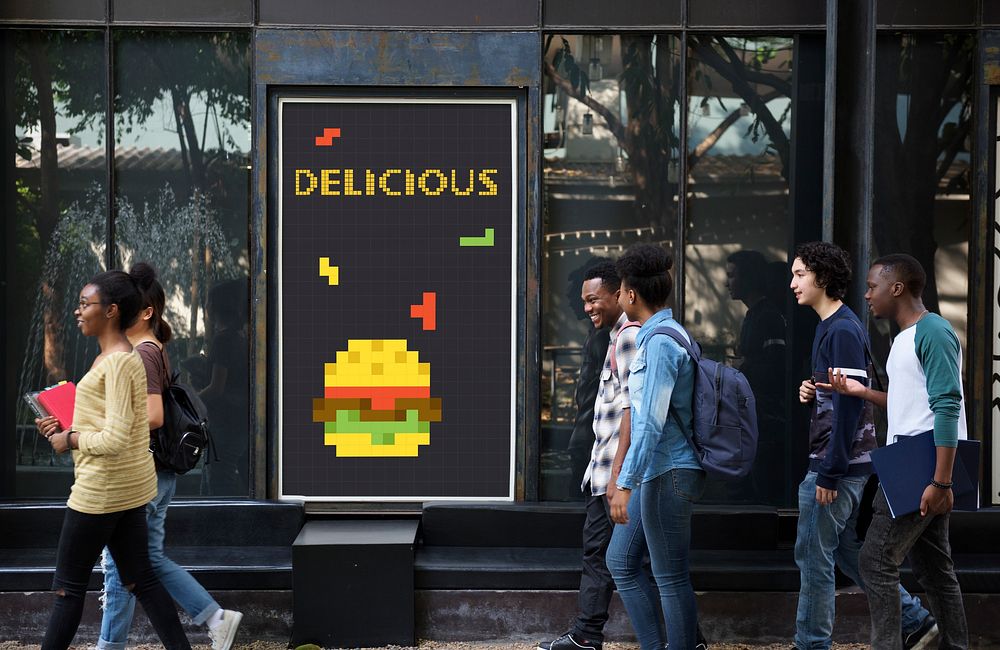 People with advertisement of 8 bit illustration of tasty burger meal