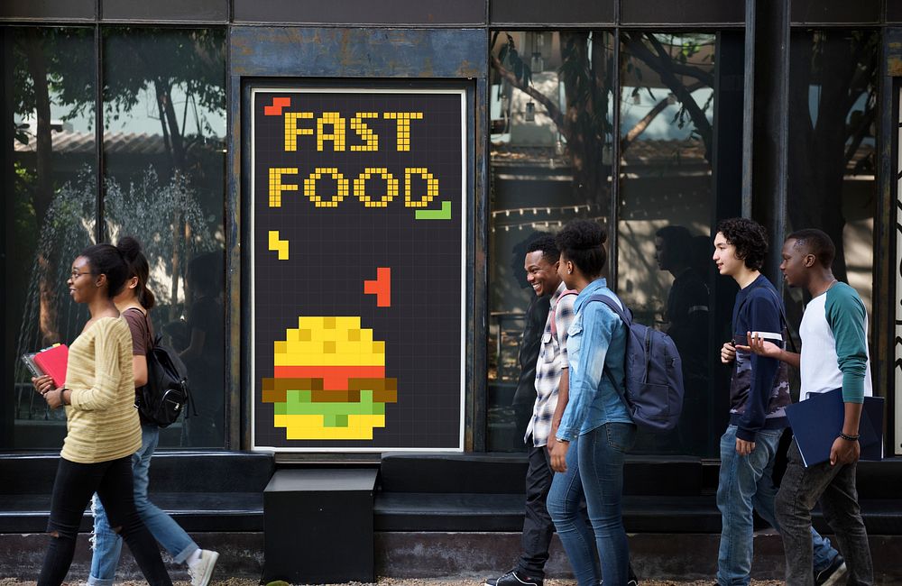 People with advertisement of 8 bit illustration of tasty burger meal