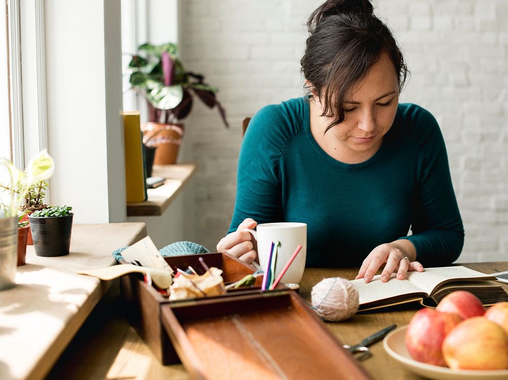 Woman Reading Relax Drinking Eating Breakfast