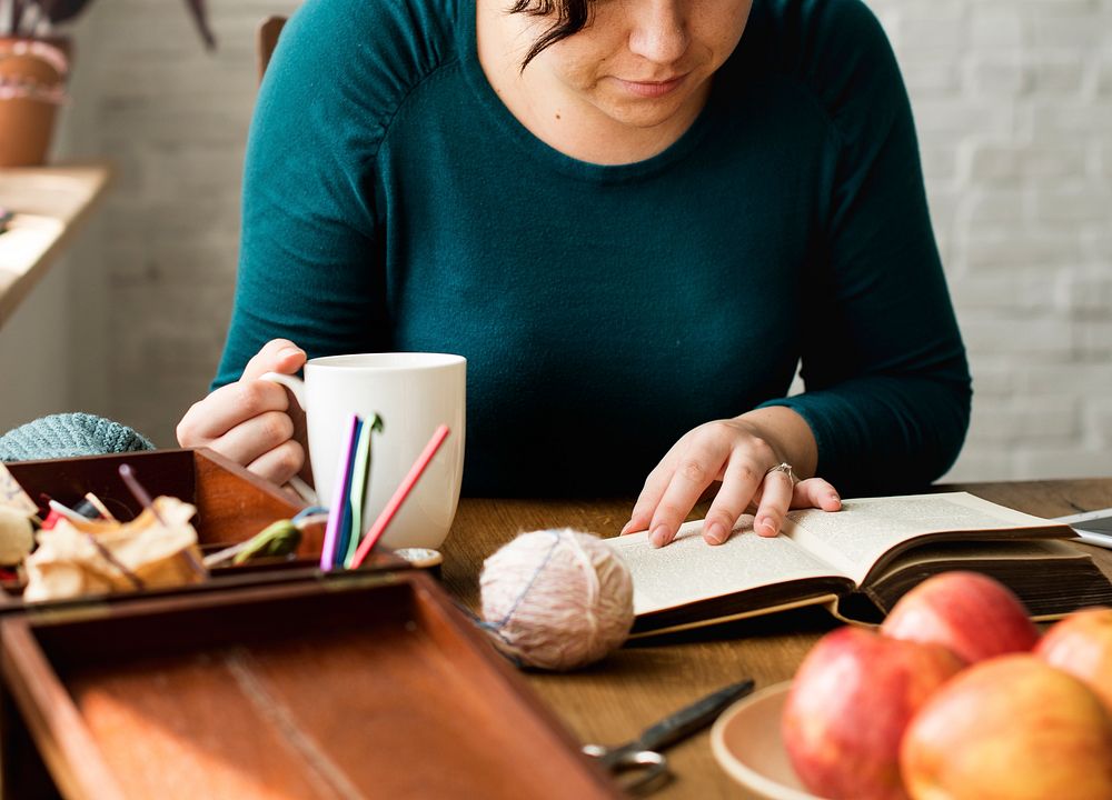 Woman Reading Relax Drinking Eating Breakfast
