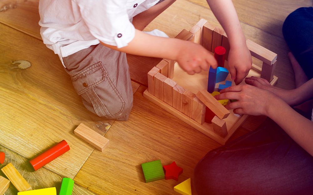 Photo Gradient Style with Little Children Playing Toy Blocks