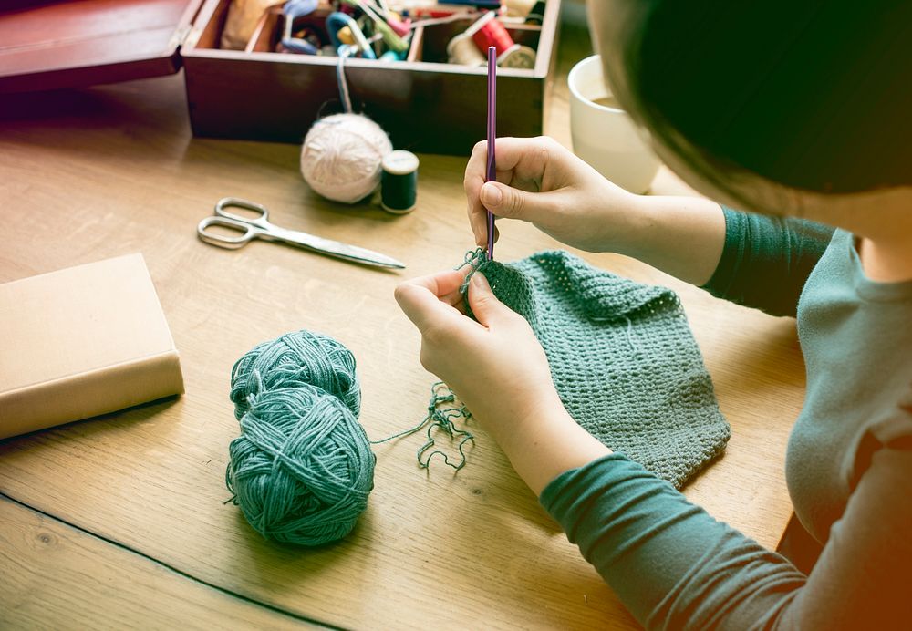 Photo Gradient Style with Woman Knitting Handicraft Hobby Homemade