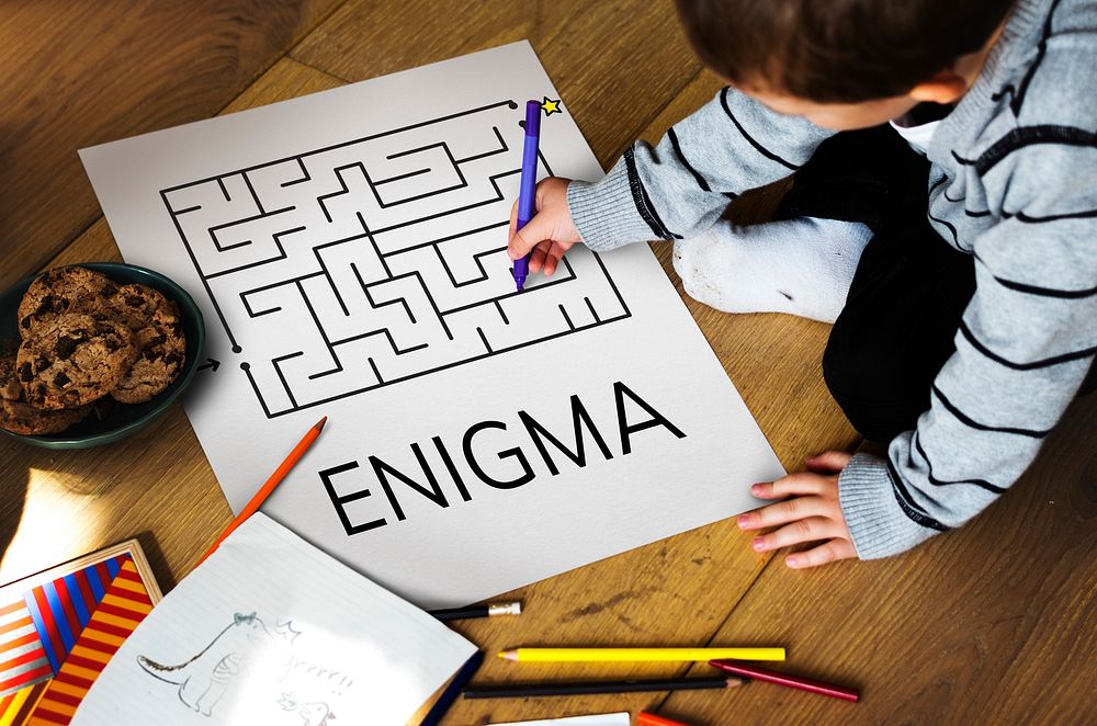 Children solving enigma concept card