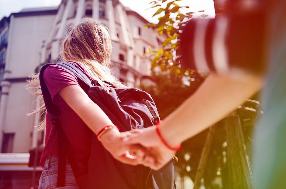 Photo Gradient Style with Woman holding boyfriend's hand traveling