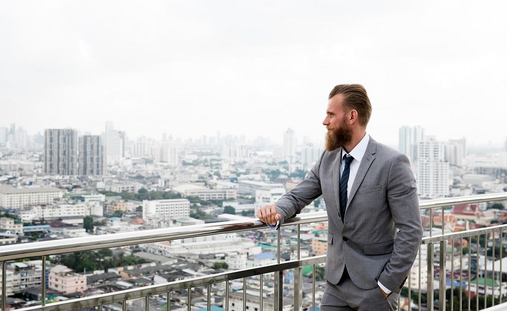 Caucasian Business Man Standing Railings City View