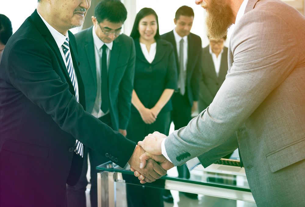 Photo Gradient Style with Business Partners Introductionary Handshake Bow