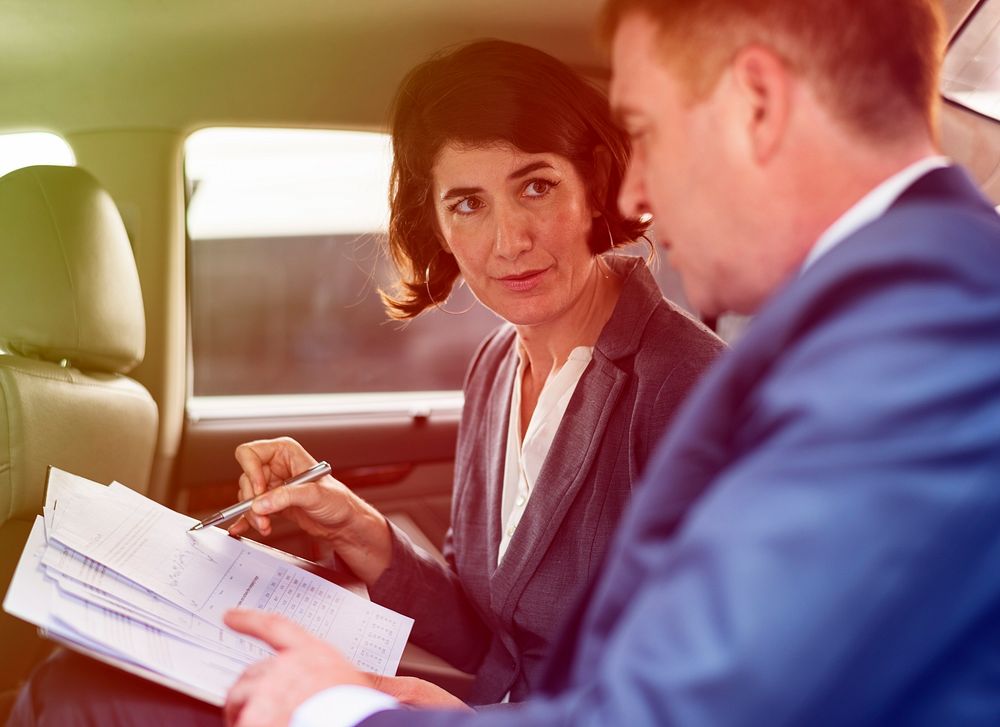 Photo Gradient Style with Business People Meeting Working Car Inside
