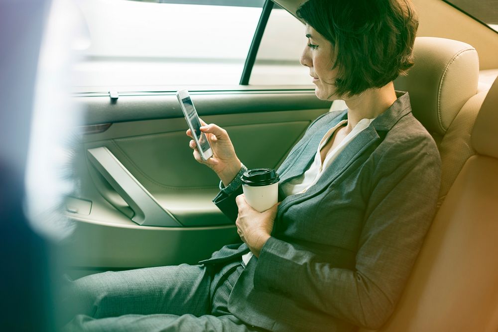 Photo Gradient Style with Businesswoman Using Smart Phone Car Inside
