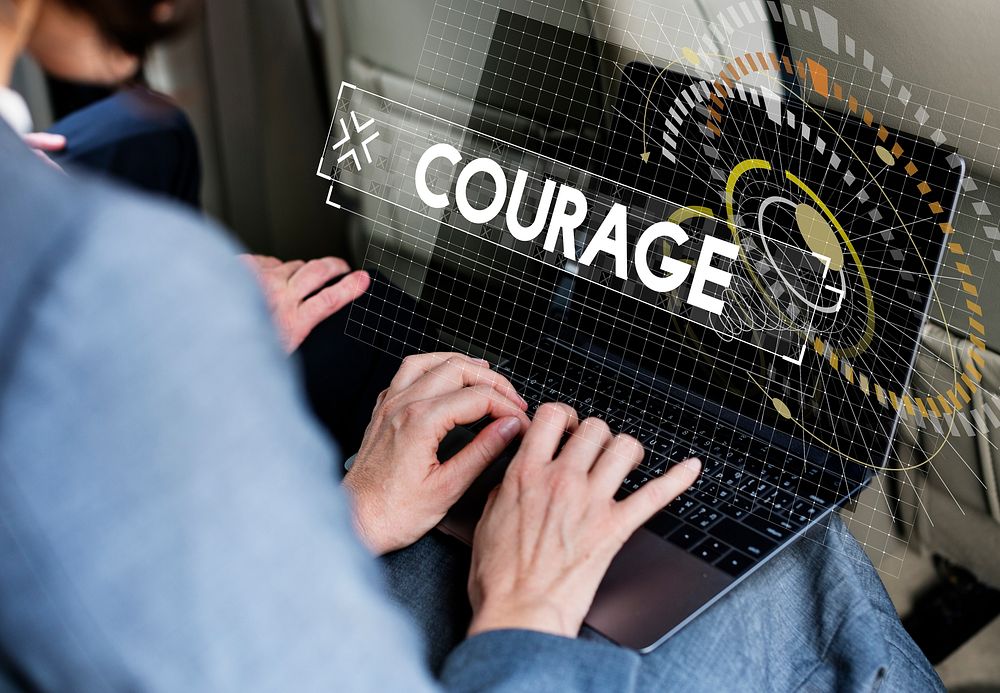Businessman Working on the Laptop Courage Design Graphic Word