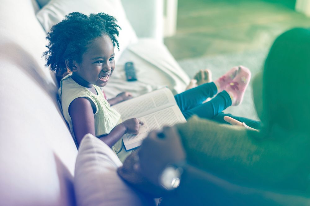 Little Girl Learn Reading Book Sofa