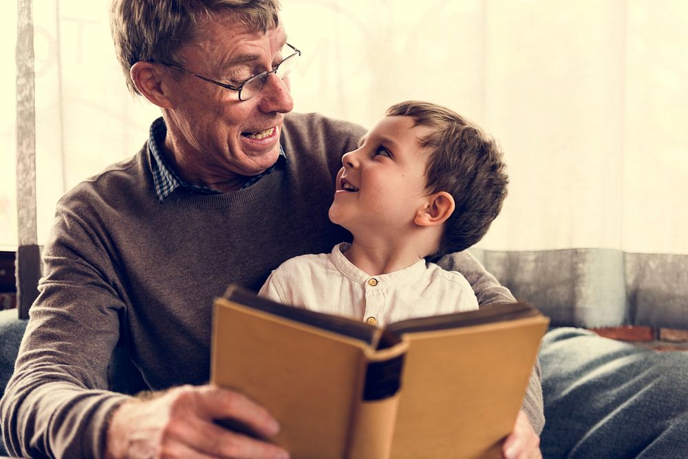 Reading Togetherness Grandfather Grandson Leisure
