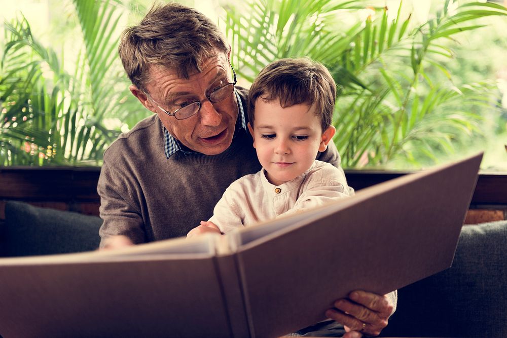 Grandfather Grandson Family Reading Book