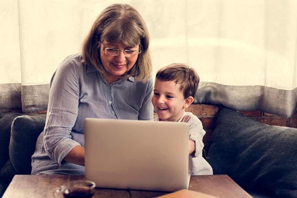 Grandmother Grandson Family Laptop Digital