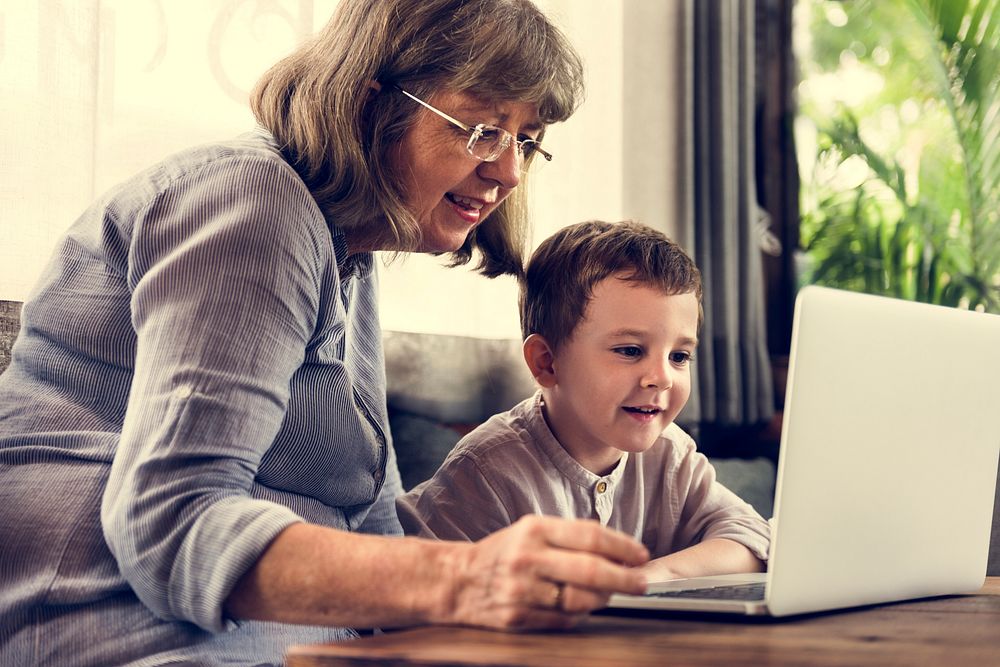 Grandmother Grandson Family Laptop Digital
