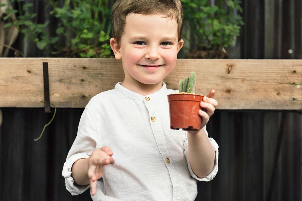 Cheerful young boy holding a cactus plant