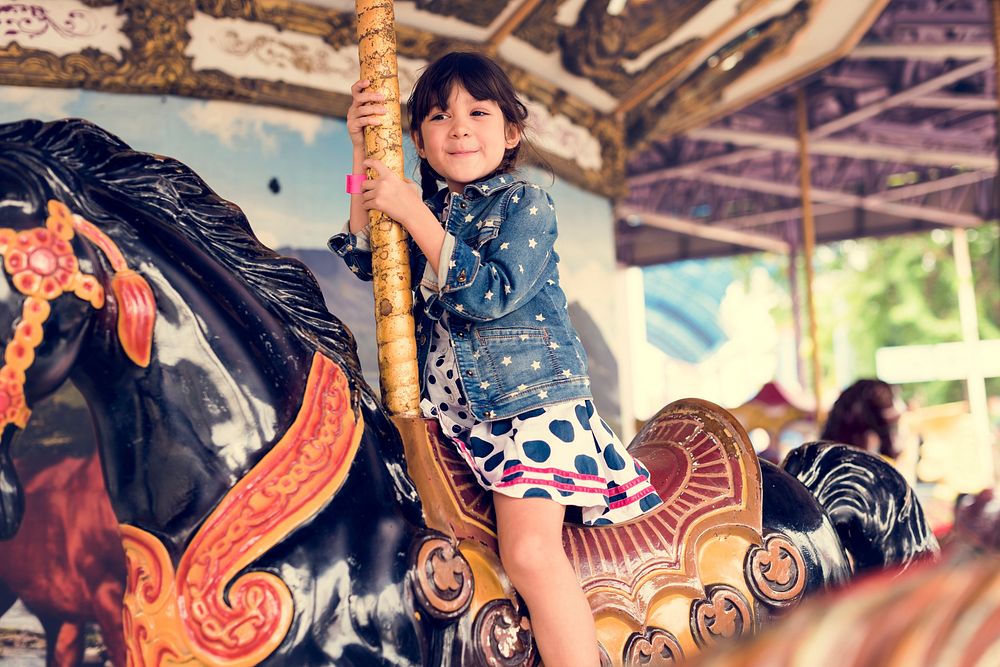 Little Girl Amusement Park Playful Merry Go Round