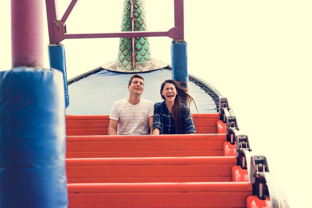 Couple Dating Amusement Park Ride Playful Fun Excitement