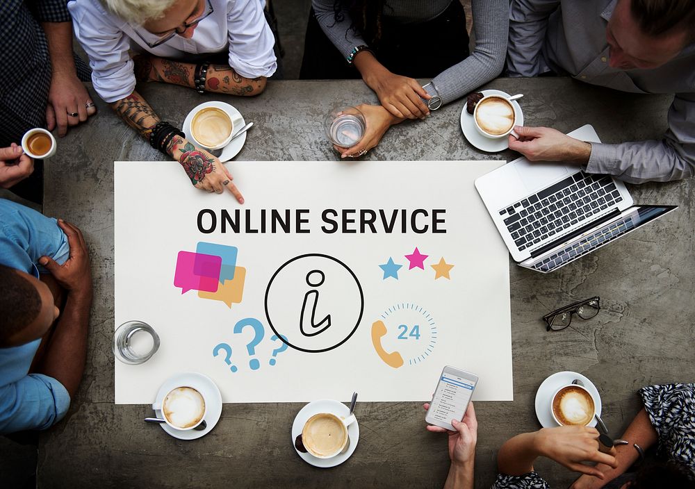Group of people with illustration of contact us online customer services