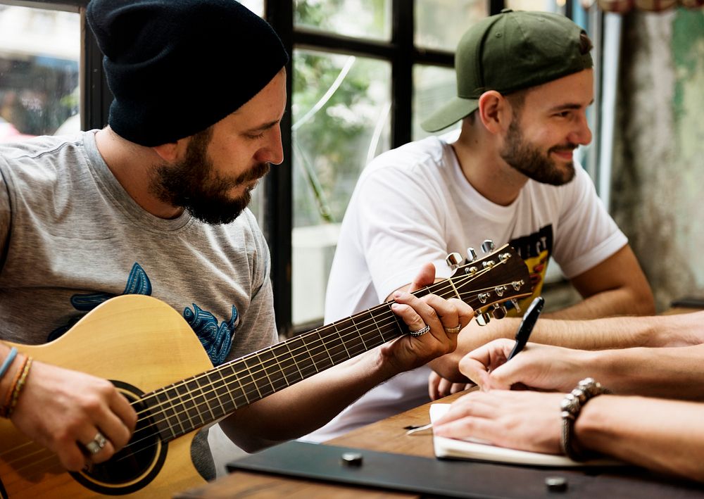 Men Play Guitar Write Song Music Reheaesal