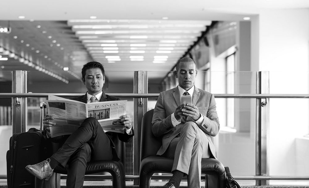 Business Men Break Sit Read Newspaper