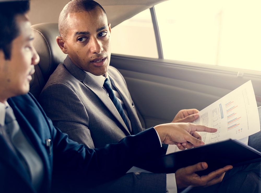 Business Men Talk Report Inside Car