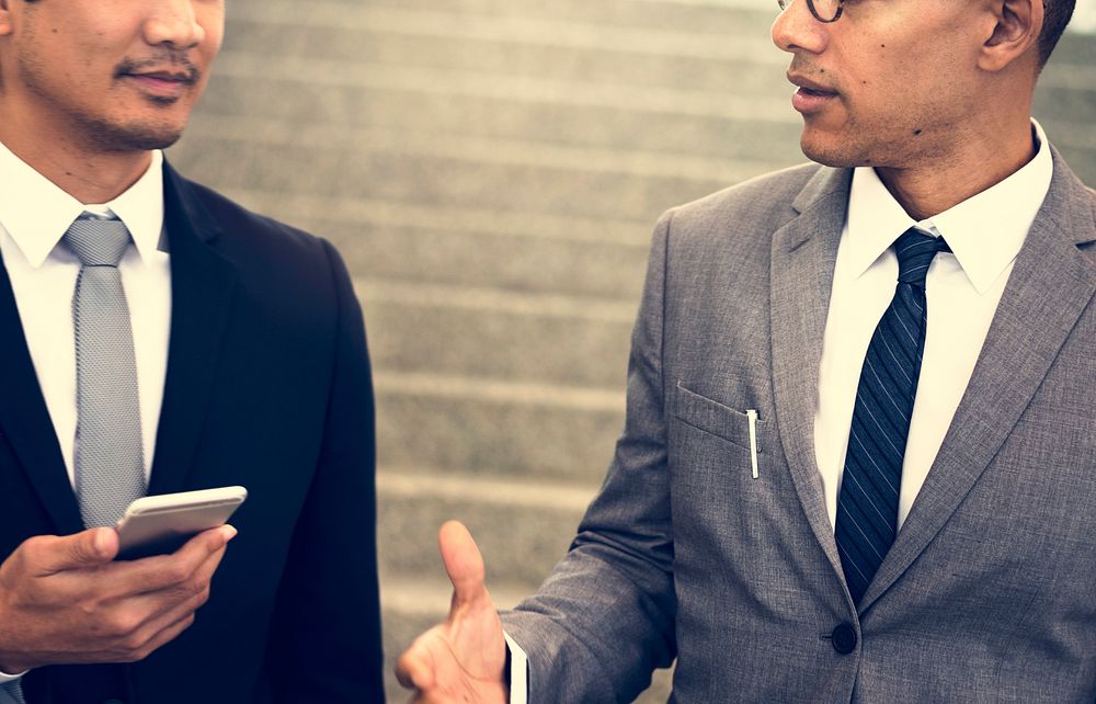 Business Men Talk Hands Hold Mobile