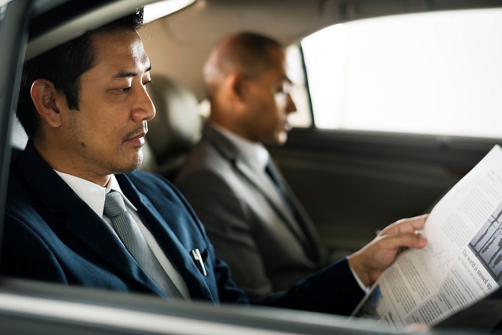 Business Men Sit Inside Car Read Newspaper