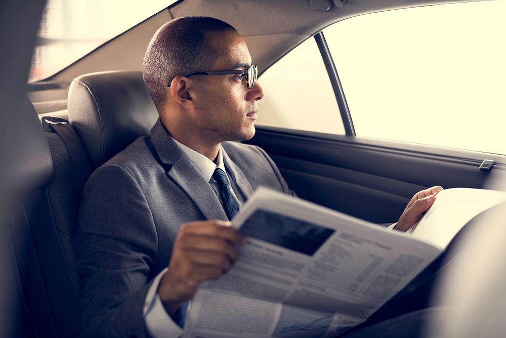 Businessman Sit Read Newspaper Inside Car