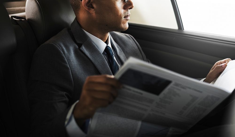 Businessman Sit Read Newspaper Inside Car