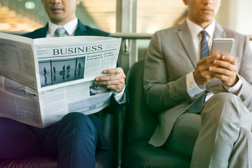 Business Men Break Sit Read Newspaper