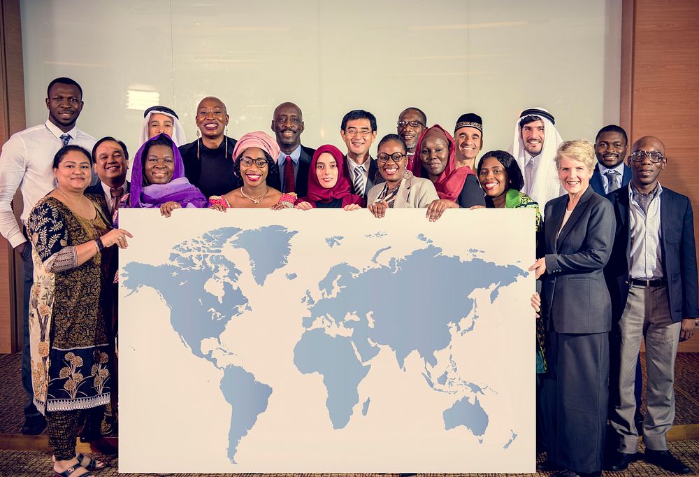 Diverse People Show World Map Board Placard