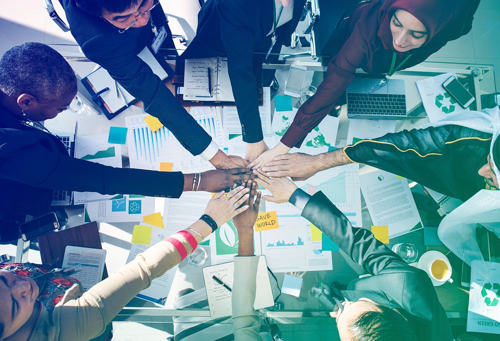 Corporate business people hands stack power for team support