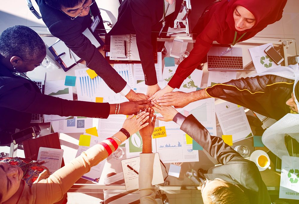 Corporate business people hands stack power for team support