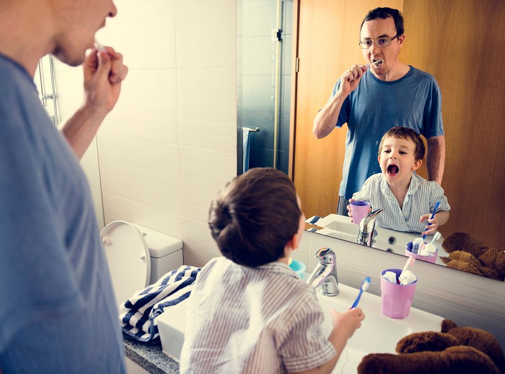 Dad Son Toothbrush Morning Lifestyle