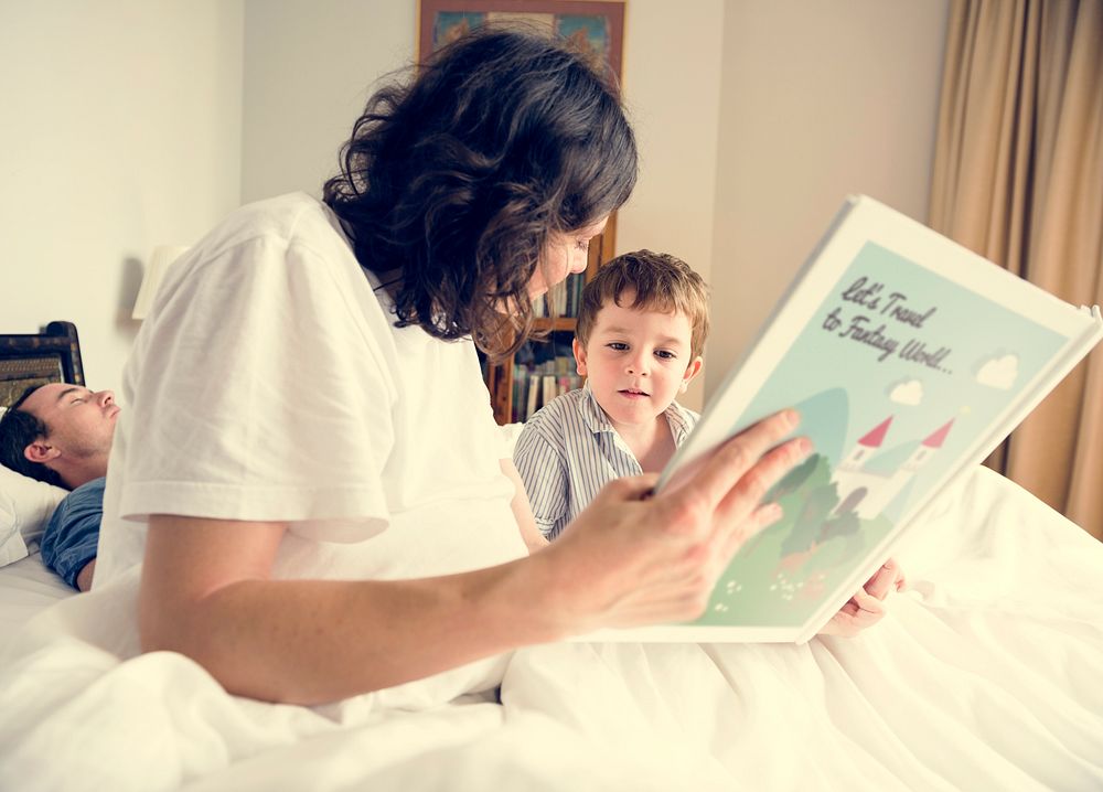 Little Boy Listening Mom Reading Study Before Sleeping
